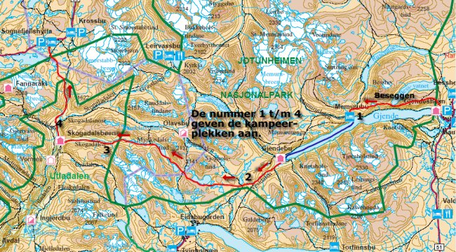 Kaart met route door Rondane